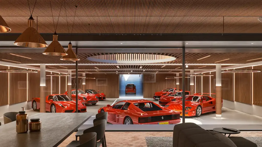 Several red cars in an underground garage